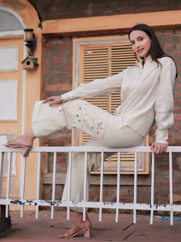 Classy Ivory Cotton Jacquard Full-Sleeve 3D Hand-Embroidered Co-Ord Set