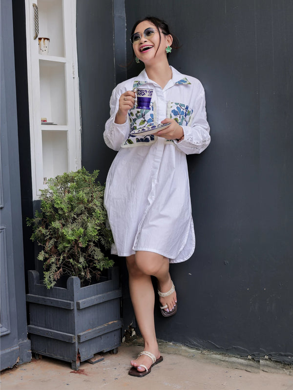 White Dress with Embroidered Pocket