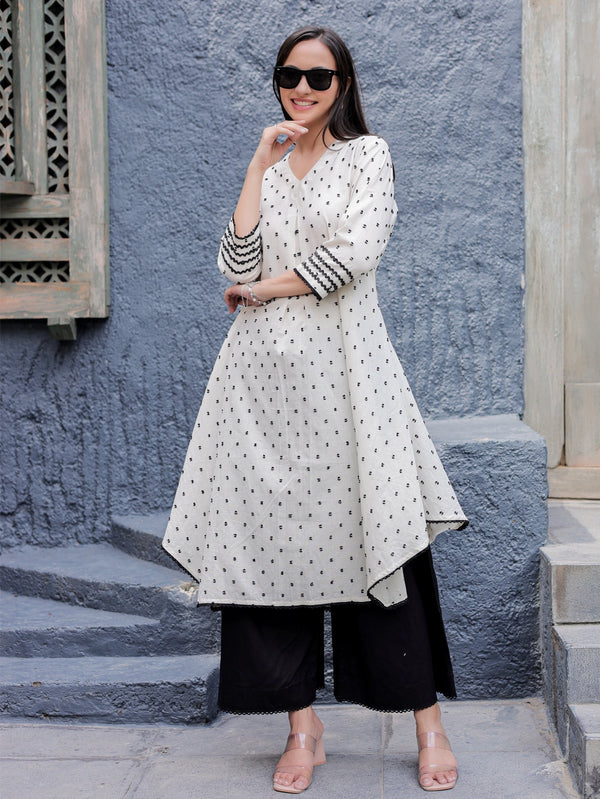 Ivory Cotton Linen Kurta with Black Dobby & Palazzo Set