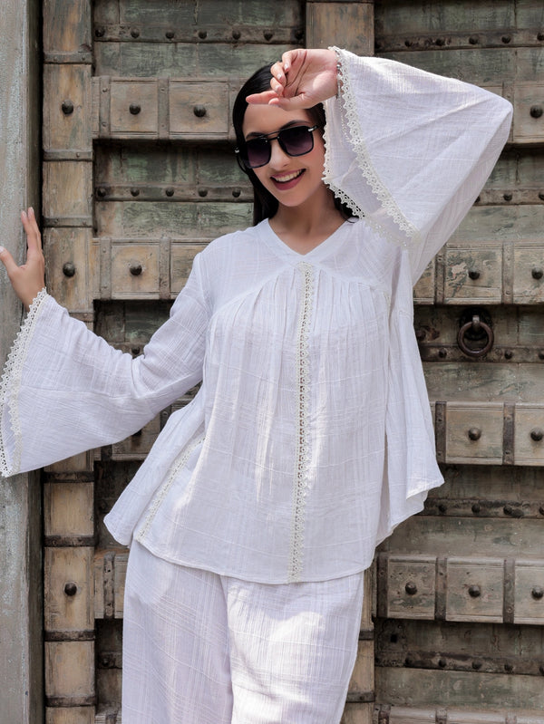 White Cotton crepe Full Sleeve Top with Lace Detailing