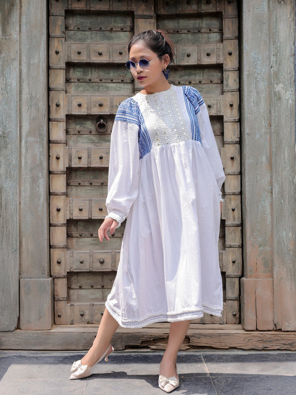 White Cotton Hand-Embroidered Dress with Mirror Work