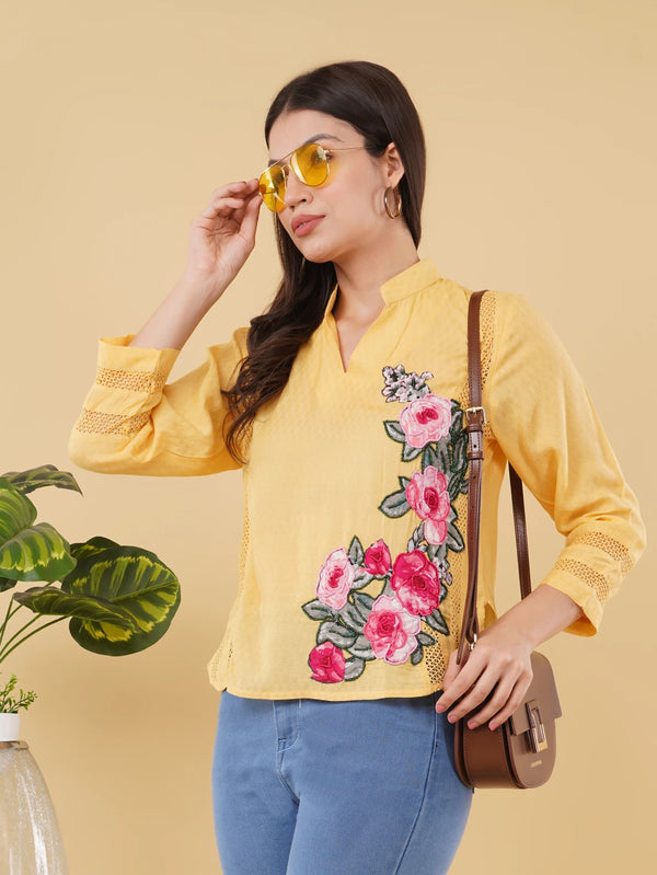 Elegant Yellow Top with Mandarin Collar, Floral Appliqué, and Hand Embroidery