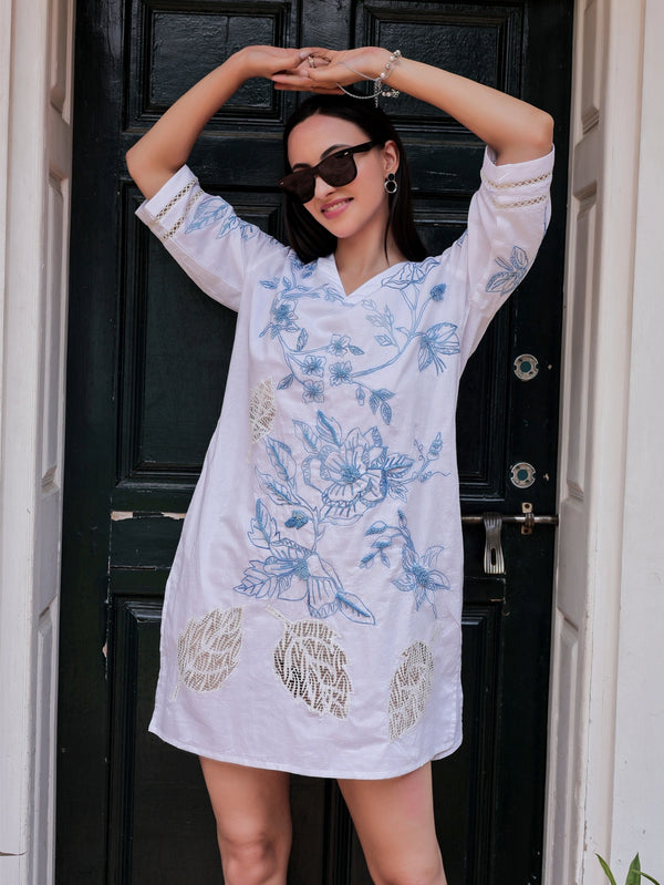 Elegant white hand-embroidered short dress with Cutwork Detailing