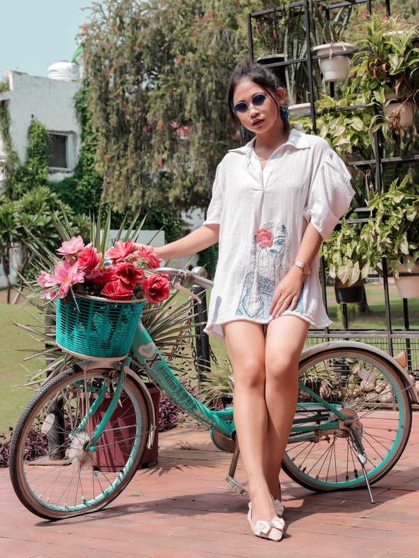 Chic White Long Shirt Featuring Hand-Embroidered Puff Sleeves
