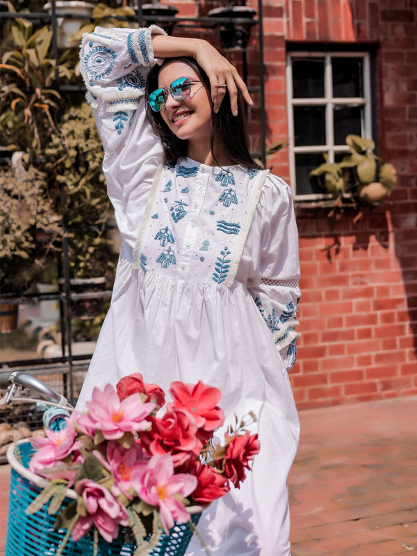 White Cotton Hand-Embroidered Balloon Sleeve Dress with Crossia Lace Detailing