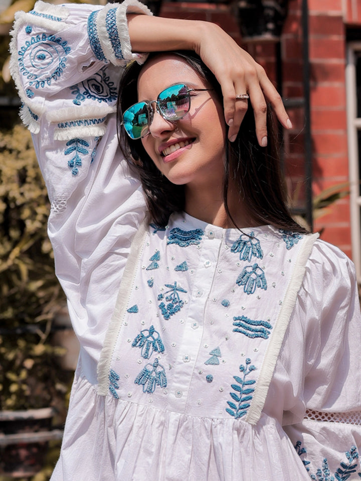Casual Dresses Pic Of Cotton Embroidery Dress White Cotton Hand-Embroidered Balloon Sleeve Dress With Crossia Casual Dresses Pic Of Cotton Embroidery Dress White Cotton Hand-Embroidered Balloon Sleeve Dress With Crossia