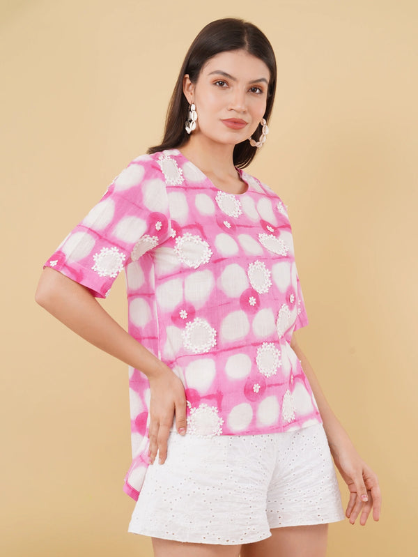 Elegant Pink Printed Cotton Slub Top with Crossia Lace and Shoulder Closure