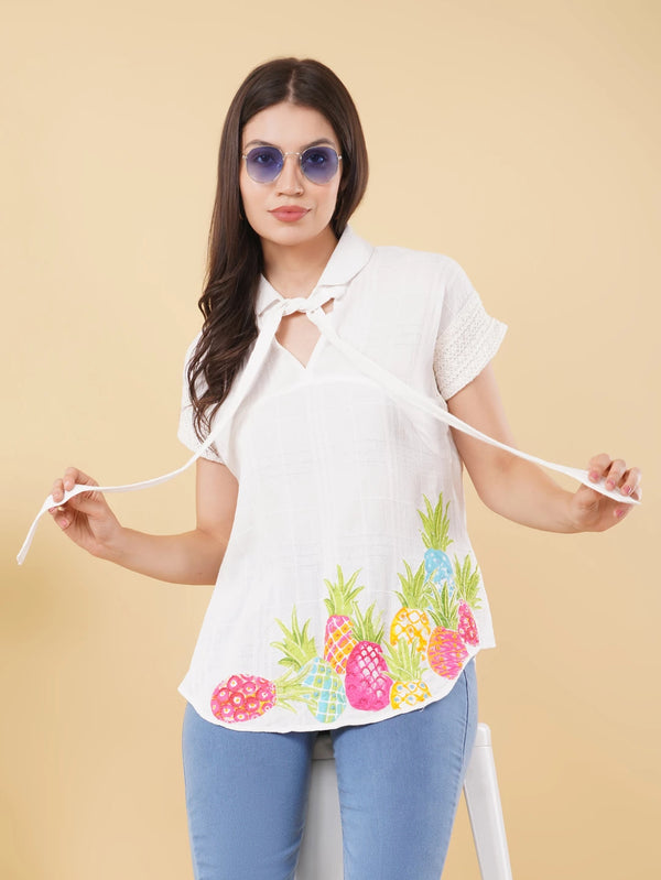 White Cotton Crepe Top with Hand-Embroidered Multicolor Appliqué and Crossia Lace Accents