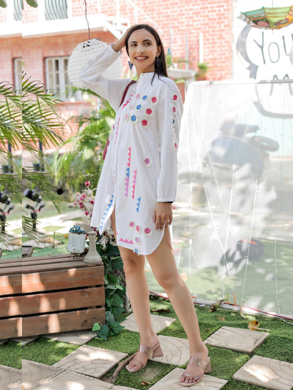 White Dress with Multi-Color Hand Embroidered 3D Applique Work