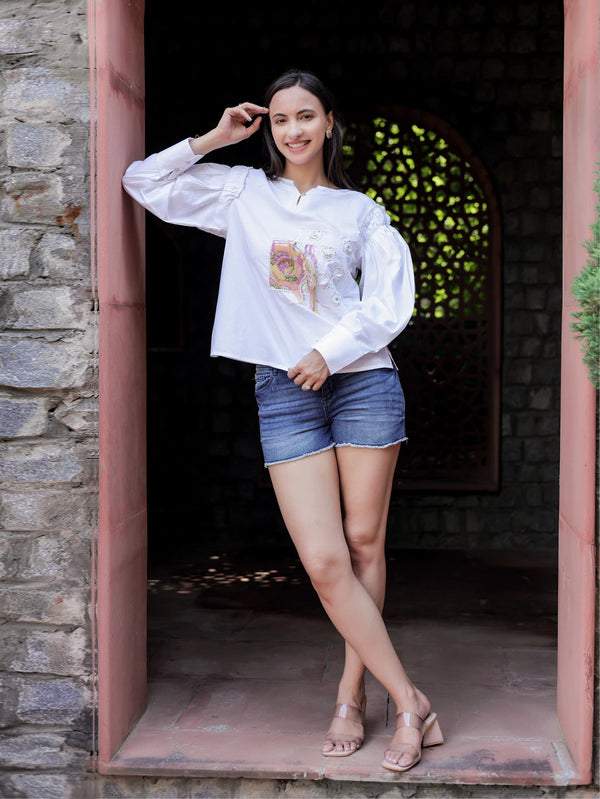 Elegant White Cotton Full-Sleeve Top with 3D Hand Embroidery and Crossia Lace