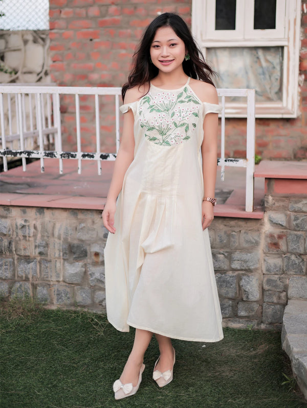 Cream Hand-Embroidered Sleeveless Dress with Intricate Yoke Detailing