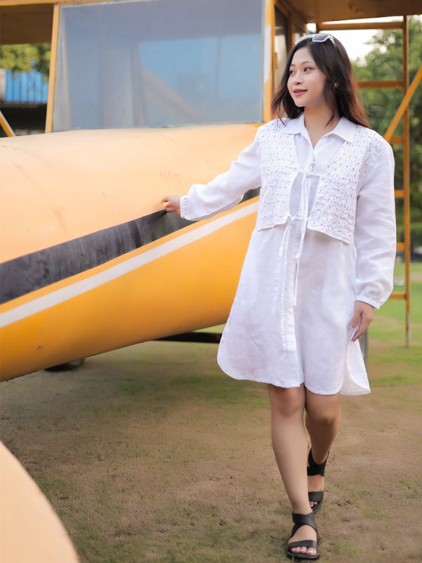 White Linen Short Dress with Attached Smocked Jacket Details
