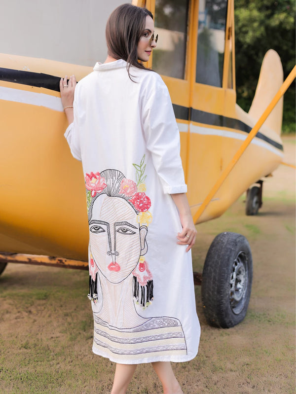 White Long Dress with Elegant Pacement Embroidery at Back