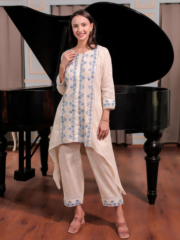 Ivory Jacquard Co-Ord Set with Intricate Hand-Embroidered Applique