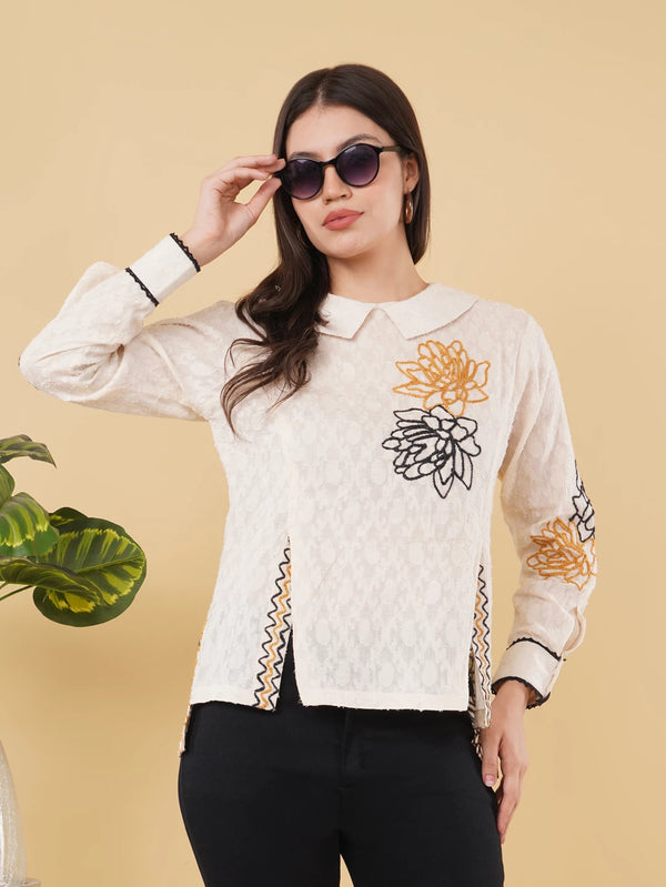 Ivory Embroidered full sleeve top with Back Button Down Style