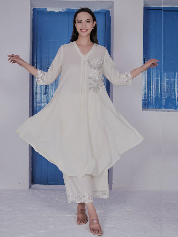 Cream Cotton Slub Kurta Set with Placement Hand Embroidery and Crochet Lace Detailing