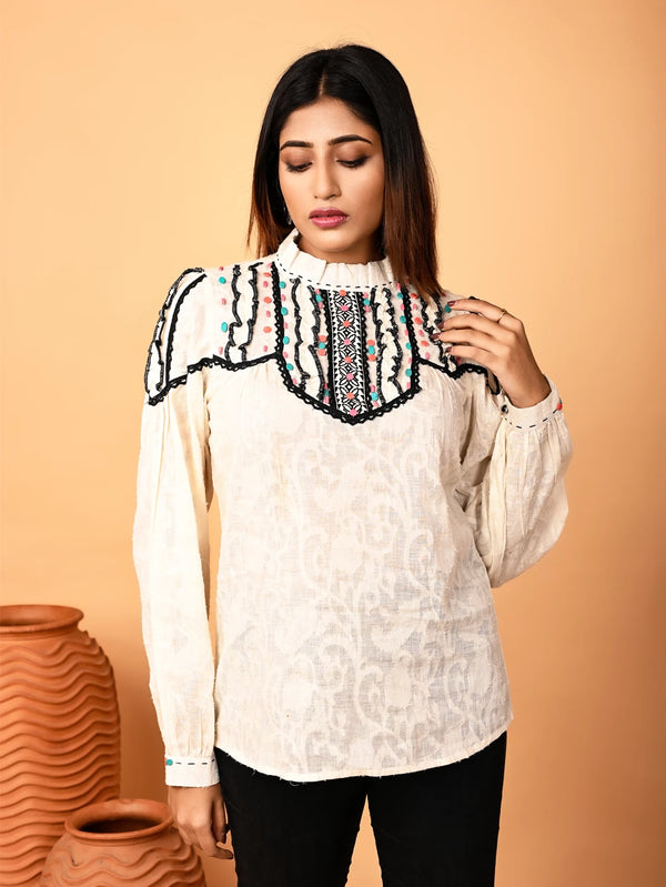 Off-White Jacquard Beaded Hand-Embroidered Top with Crosia Lace