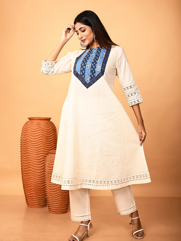 Ivory Hand-Embroidered A-Line Kurta and Pant with Crosia Lace