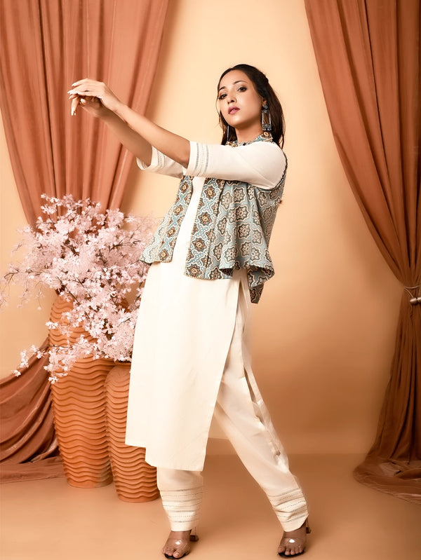 Ivory Kurta Set with Hand-Embroidered Cotton Printed Jacket