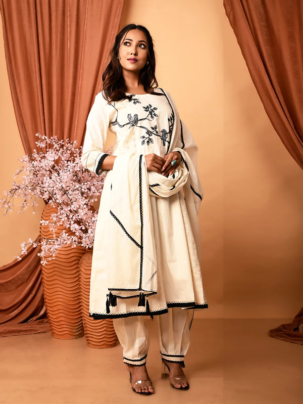 Elegant Ivory Cotton Hand Embroidered Anarkali Set