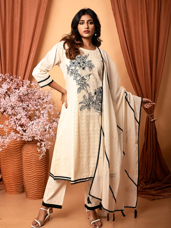 Cotton Anarkali Set with Hand Embroidery, Crosia Lace, Schiffli Work, Pant and Dupatta