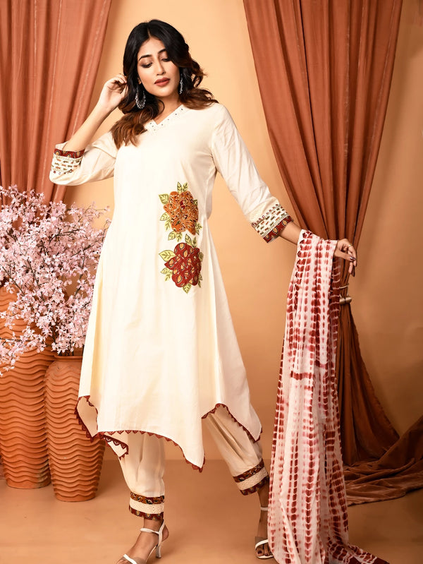 Gorgeous Off-white Cotton Rumal Cut Applique Kurta, Pant  and Tie & Dye Dupatta set