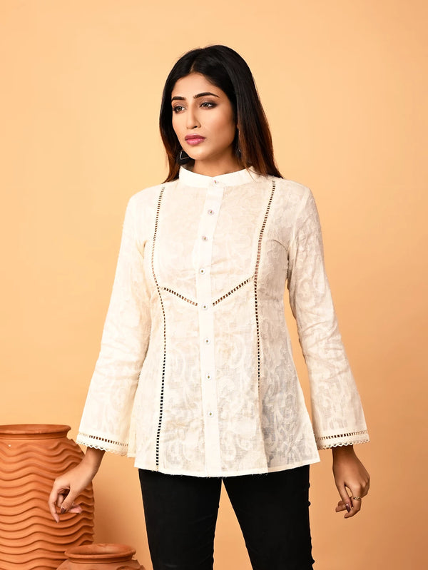 Ivory Jacquard Woven Shirt with Embellishments