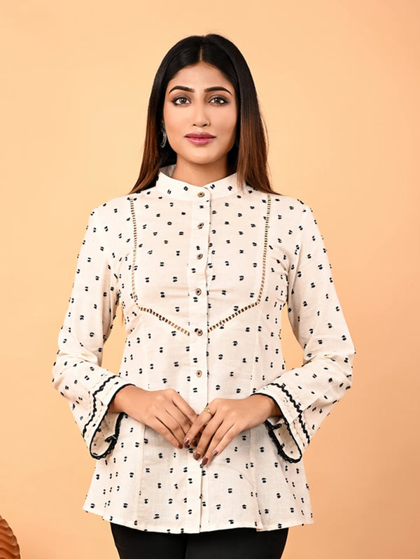Ivory Linen Full Sleeve Shirt with Crosia Lace Detailing