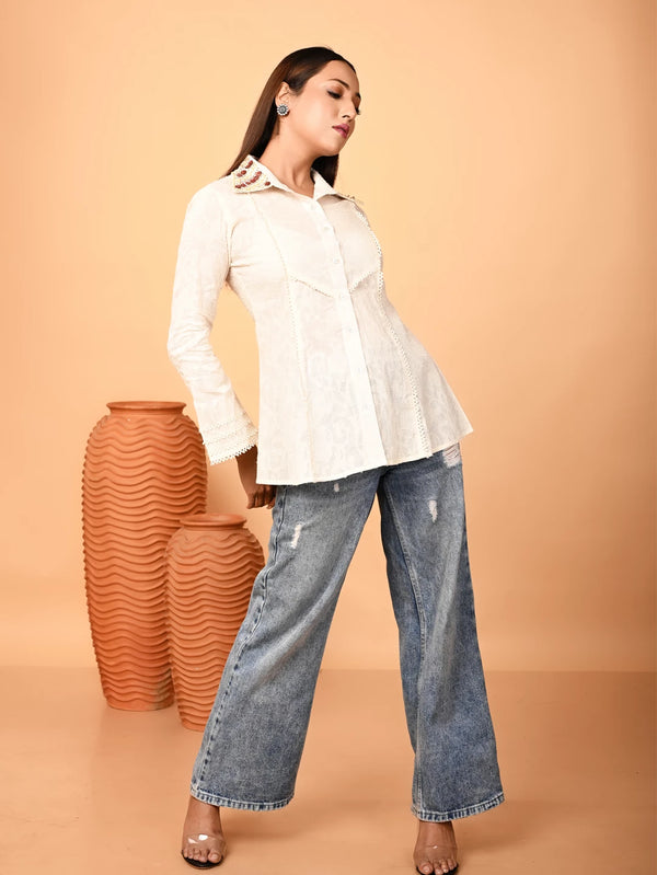 Ivory Cotton Jacquard Weaved Embroidered Shirt