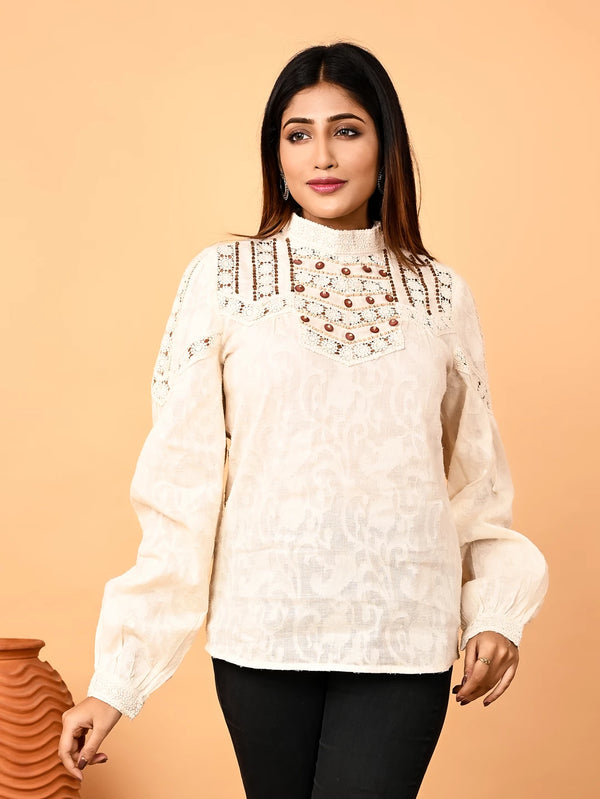 Ivory Jacquard Top with Wooden Beads and Crosia Lace
