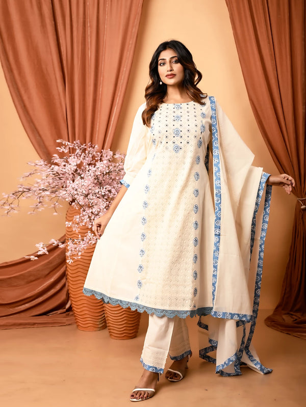 Ivory Cotton Anarkali Set with Shiffli and Applique Work