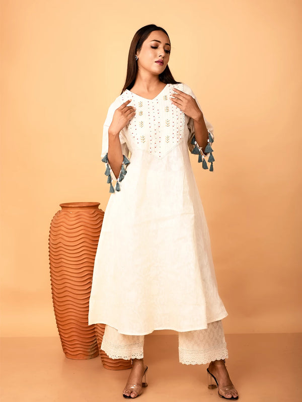 Ivory Cotton Hand-embroidered Kurta with Tassels detailing