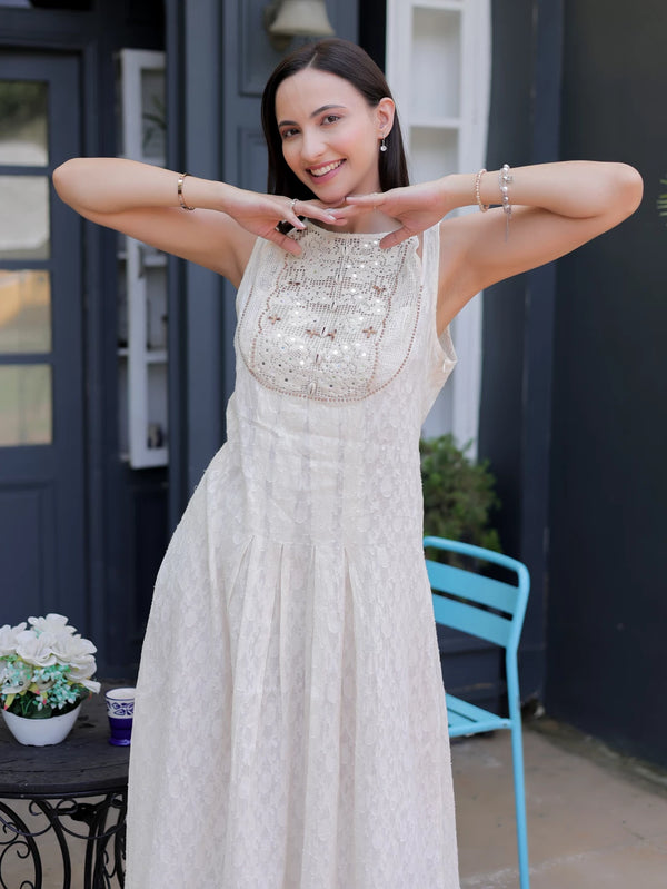 Ivory Cotton Jacquard Mid-Length Dress with Embroidery Detailing