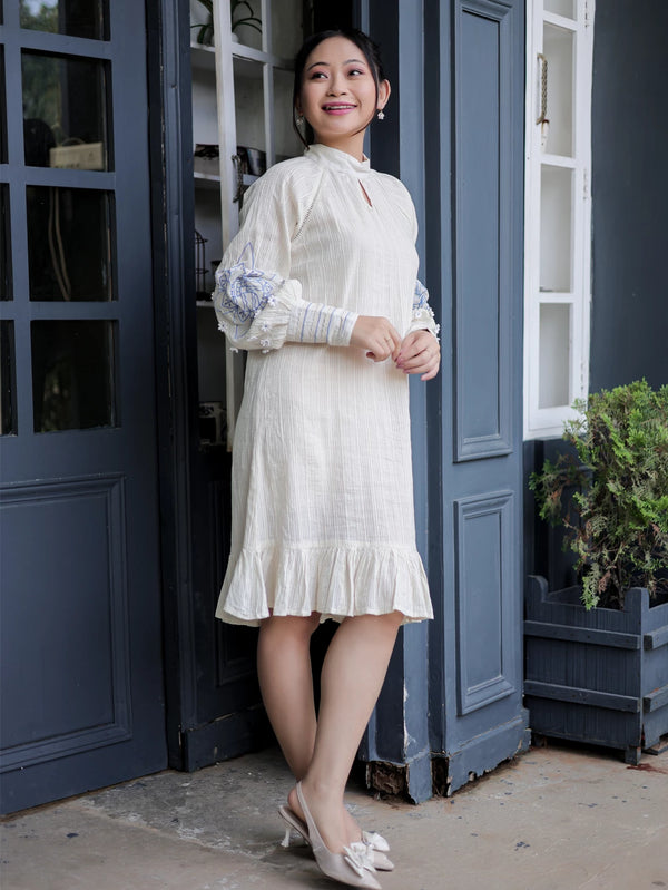 Cream Hand-Embroidered Raglan Sleeve Handloom Short Dress
