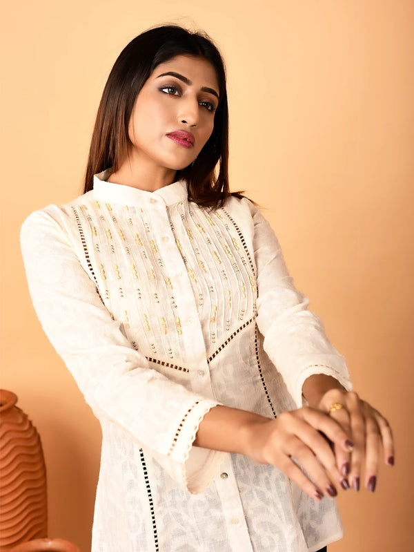 Ivory Pintuck Full-Sleeve Shirt with Hand-Embroidered Cotton Jacquard Yoke