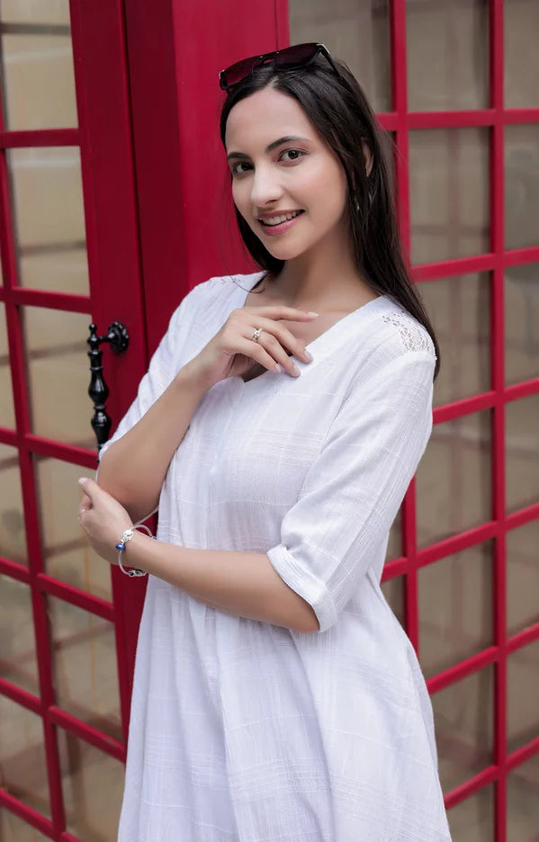 White Cotton Long Kurta Set with Lace Detailing