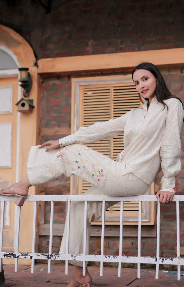Classy Ivory Cotton Jacquard Full-Sleeve 3D Hand-Embroidered Co-Ord Set