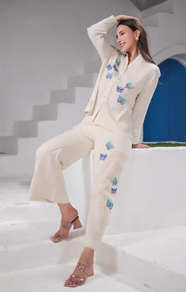 Ivory cotton jacquard embroiderd co-ord set with lace detailing