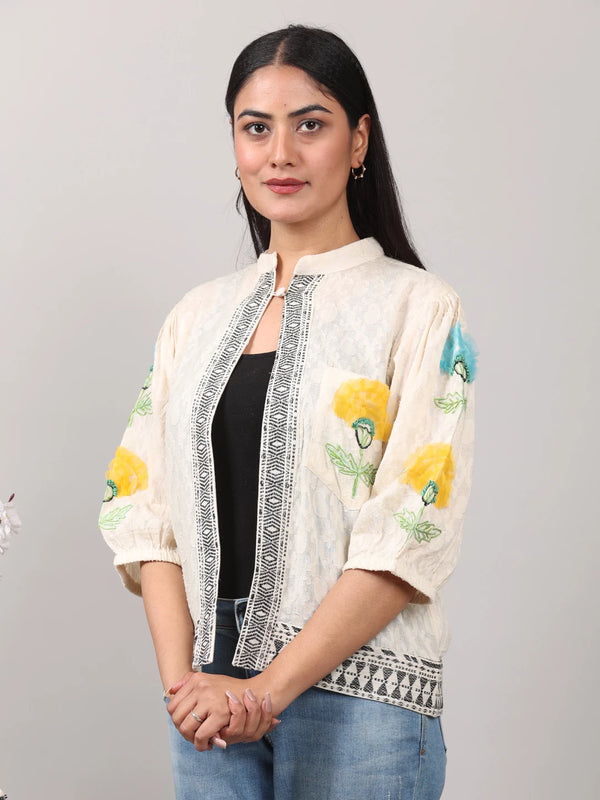 Off-White Cotton Jacquard Jacket with 3D Hand Embroidery