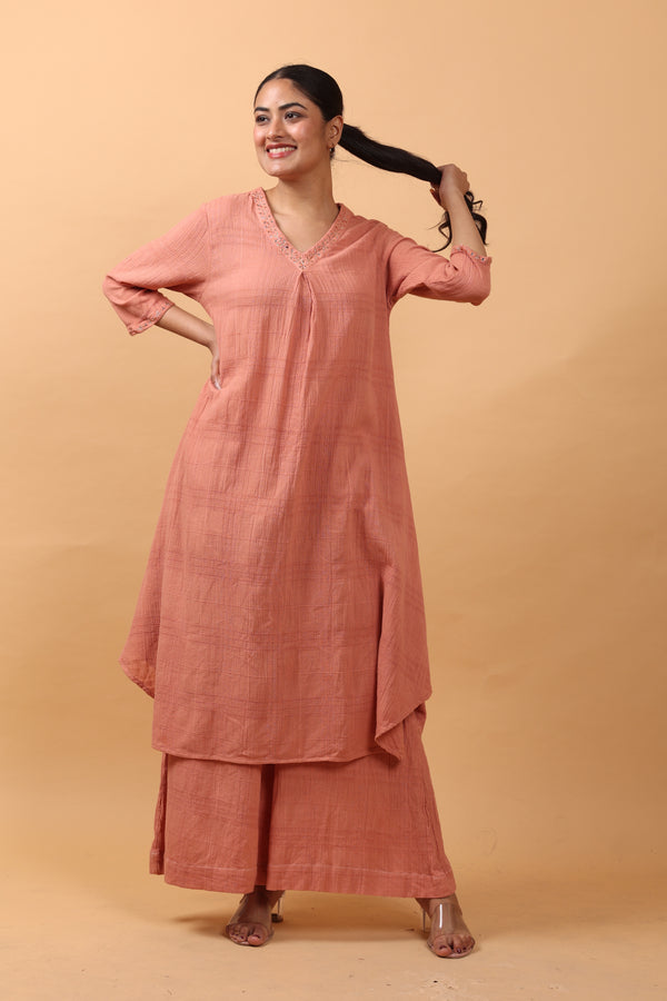 Elegant Peach Cotton crape Asymmetric Embroidered Kurta