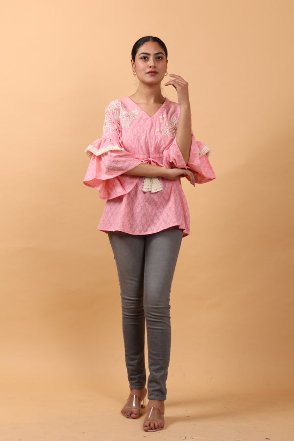Peach Jacquard Kaftan Top with Floral Embroidery & Lace Detailing