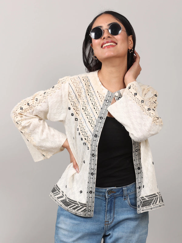 Elegant Off-White Jacquard Jacket with Crochet Lace & Embroidery