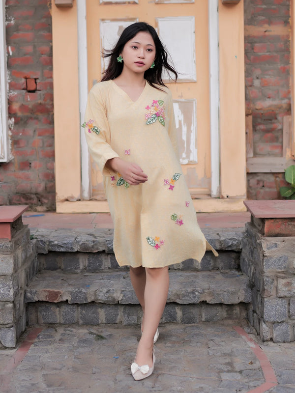 Yellow dress with flower cutwork embroidery