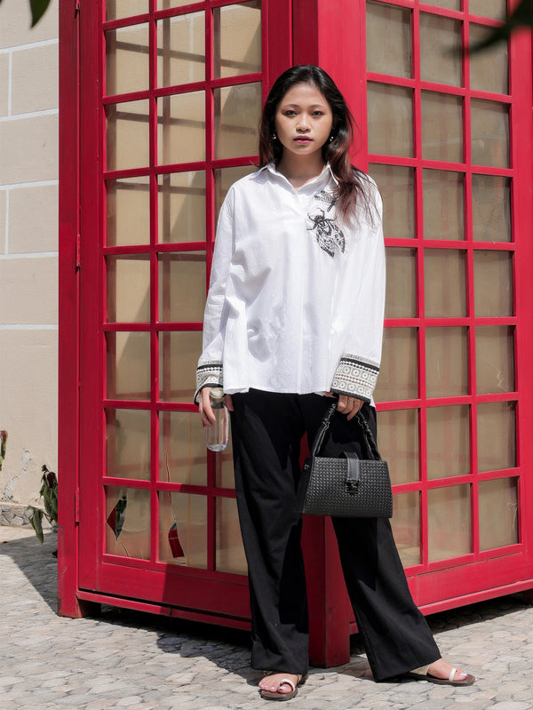 White Full-Sleeve Loose-Fit Hand-Embroidered Top with Lace Detailing