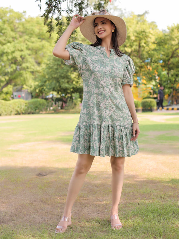 Green digital printed schiffli dress